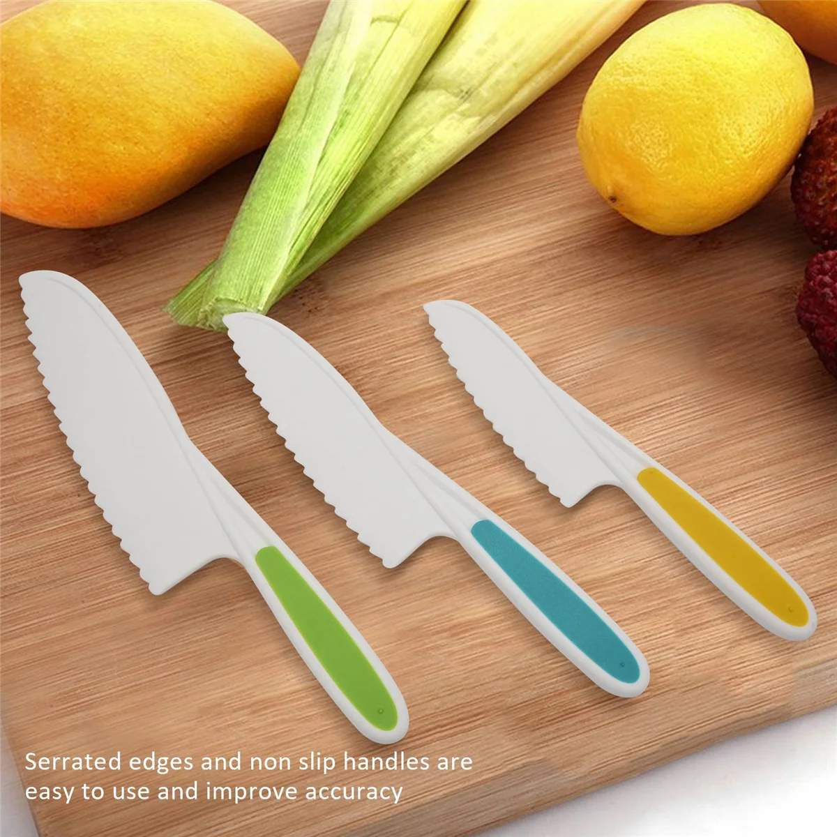 Nylon Kitchen Baking Knife Set para crianças, aperto firme, bordas serrilhadas, facas de cozinha infantil, 3 pcs