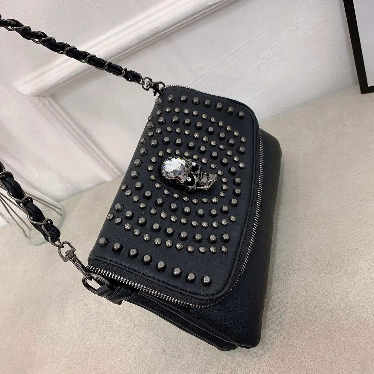 Crossbody Bag, European and American Retro Style, New Model, Skull Design, Studded Decoration, Zipper Style, Small Square Bag
