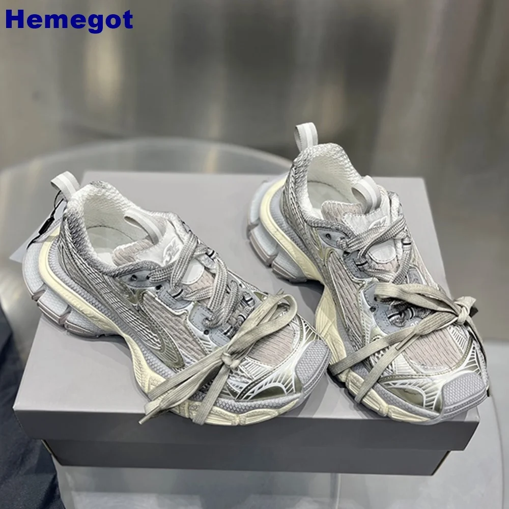 Patchwork Mesh Street Style Sneakers 2024 Summer Retro Round Toe Lace-Up Sports Casual Shoes Thick Sole Comfort Women Shoes