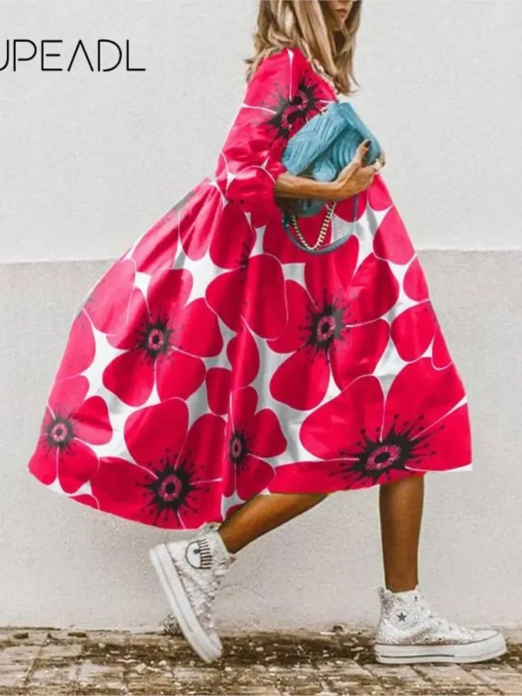 Fashion Boho Floral Print Dress Women O Neck Oversize Loose Midi Dress  Summer Casual Holiday Beach Long Dresses Female