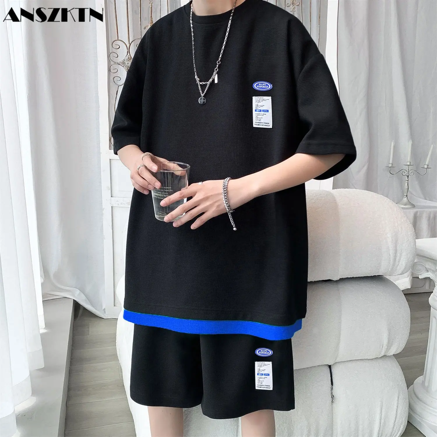 ANSZKTN Waffle Casual Sports suit men's summer loose short sleeve shorts two-piece men's suit