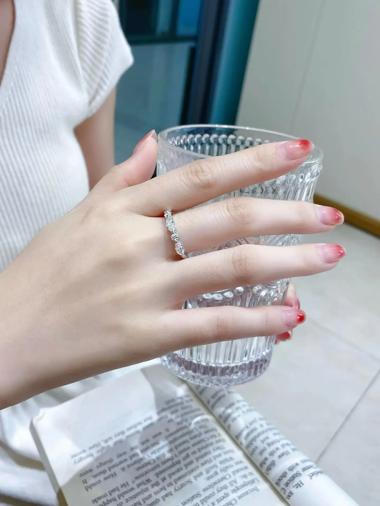 

10K Solid Gold Marquise-Cut 5-Stone Lab-Grown Diamond Eternity Band 0.75CT Engagement Ring Valentine's Gift Platinum Customizati