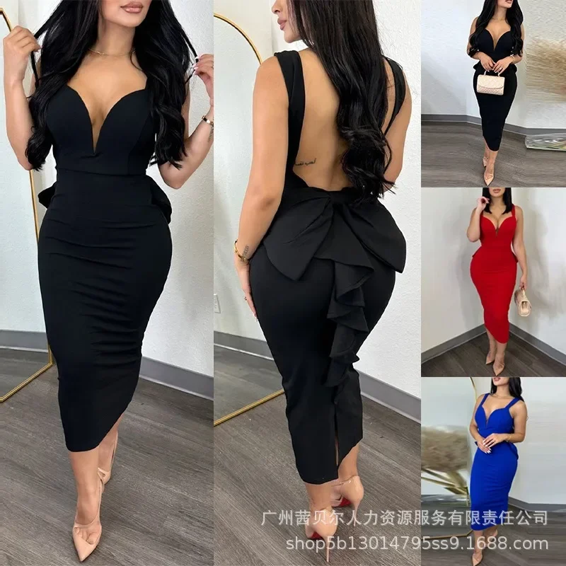 New Women's Backless Ruffles Patchwork Dress 2023 Elegant Sexy Evening Party Dress Women's Spaghetti Strap V-neck Slim Fit Dress