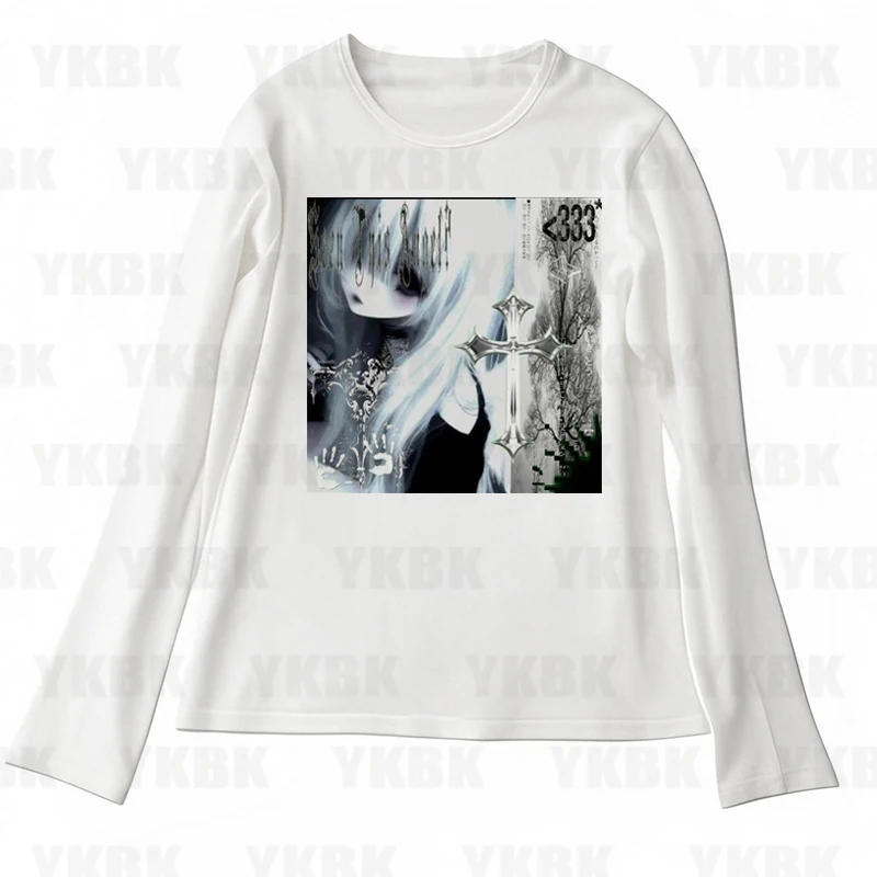 Kawaii Mädchen Langarm Print Anime Tees Y2k Slim Fit Mode Tops Streetwear Frauen Harajuku Retro 90er Jahre Casual Punk Baby Gothic