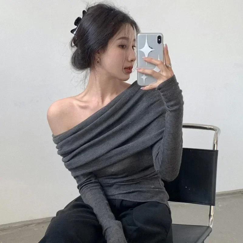 French Slash Neck Pullovers Women Tender Slim Design Hot Girls Sexy Off-shoulder Knitwear Fashion Solid All-match Casual Autumn