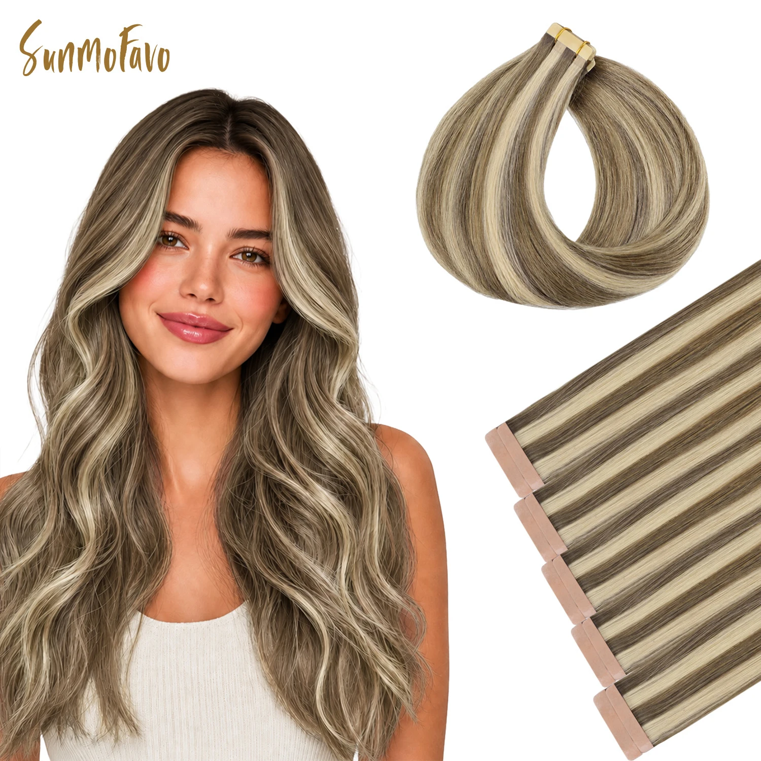 サンモファボ-テープイン-レミーヘアエクステンション-シルキーアッシュブラウン-プラチナブロンド入り、ボリュームアップ-ハイライト入り-熱でスタイリング可能-シームレスブレンド
