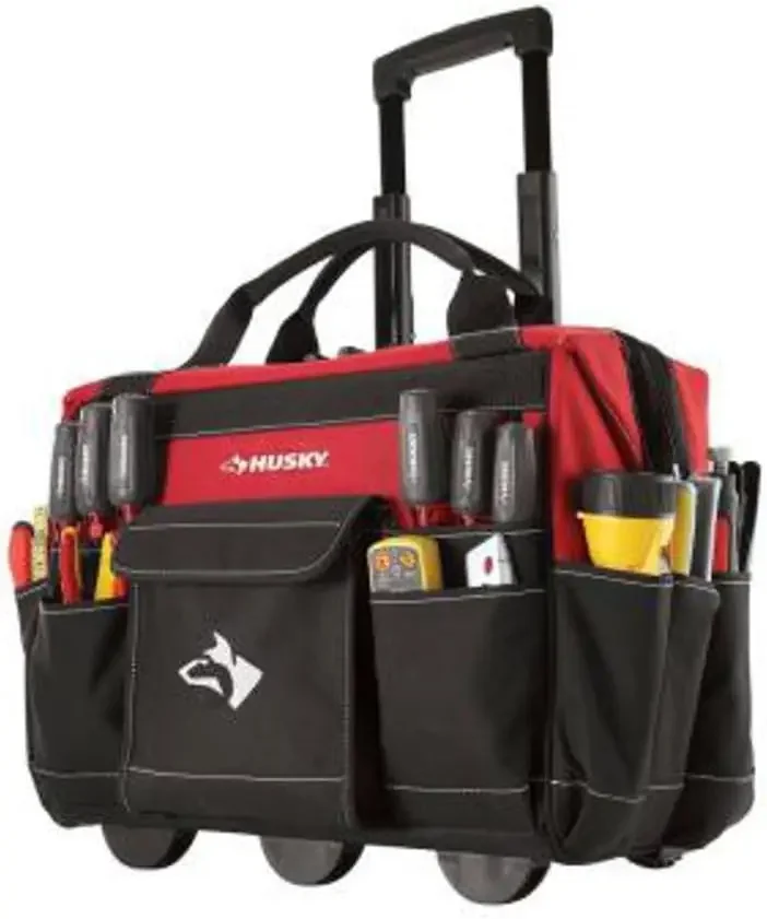 18" 600-Denier Red Water Resistant Contractor's Rolling Tool Tote Bag with Telescoping Handle