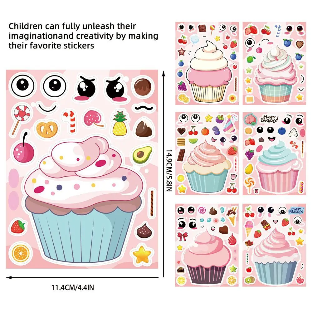 

8/16Sheets Cute Cartoon Cupcakes Makes a Face Puzzle Sticker DIY Phone Laptop Luggage Skateboard Graffiti Decals Fun for Gift