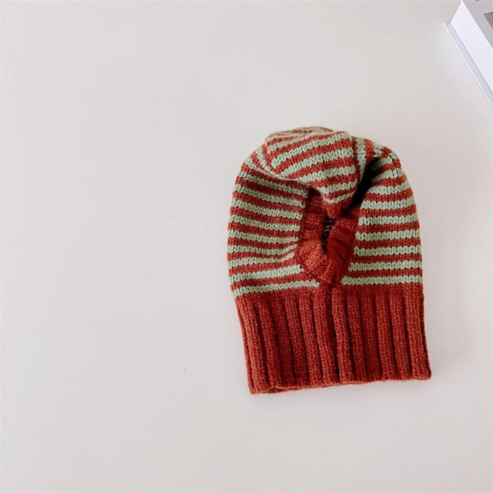 

Striped Design Winter Kids Scarf Hooded Style Knit Material One-Piece Hat Ear Protection Balaclava Shape Baby Hooded Beanie