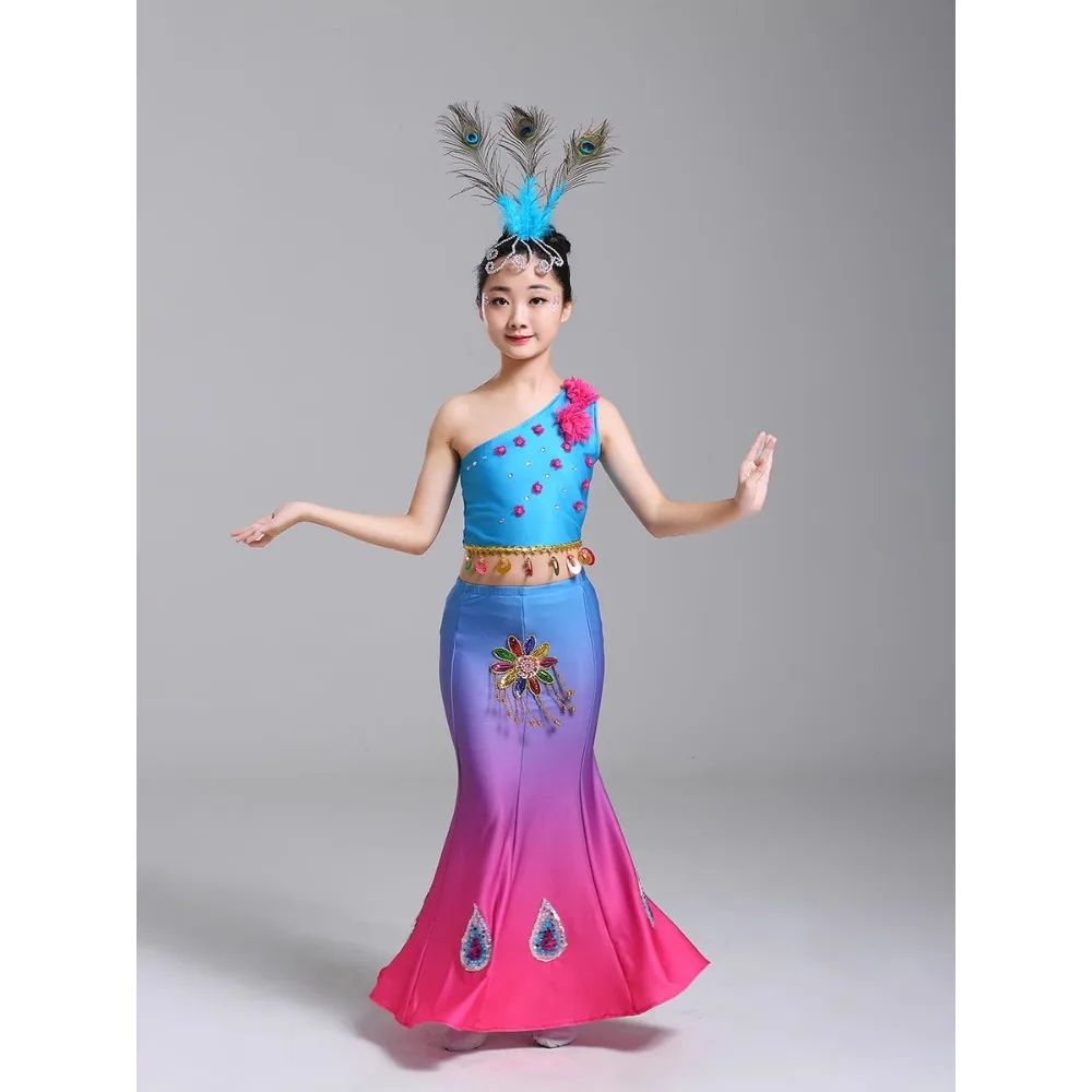 Disfraces de baile de pavo real para niños, ropa de baile, falda de cola de pez pequeña, vestido de lentejuelas