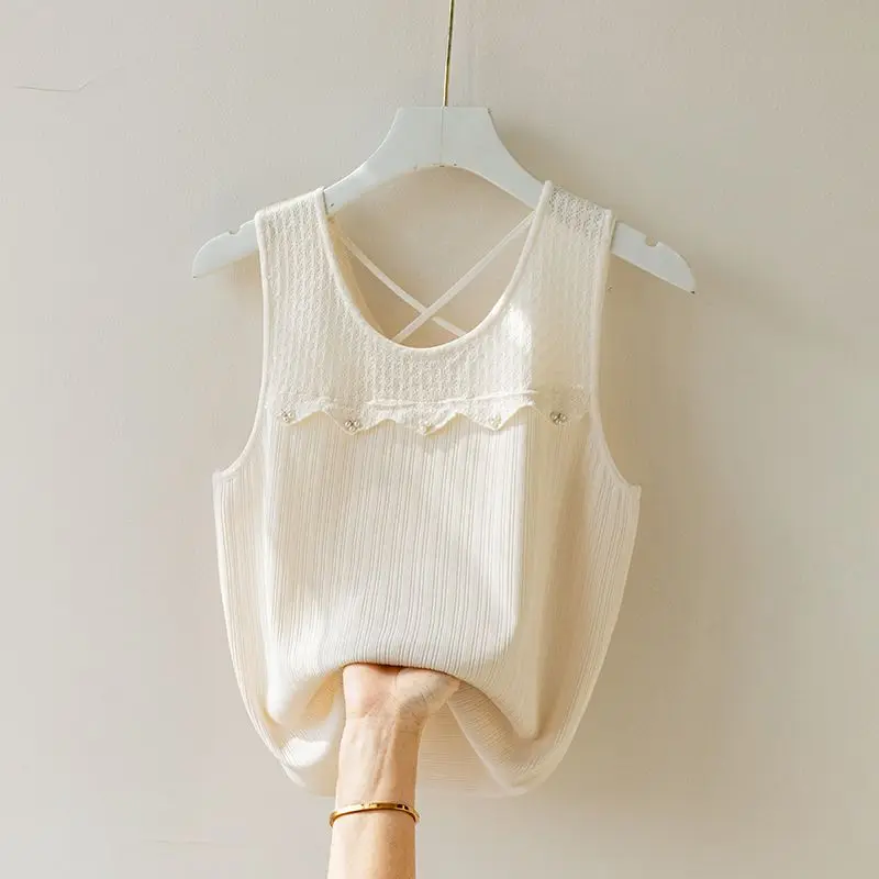 Ice Silk Suspender Vest for Women in Summer New Versatile and Fashionable Bead Base Shirt Loose Large Size Sleeveless Casual Top
