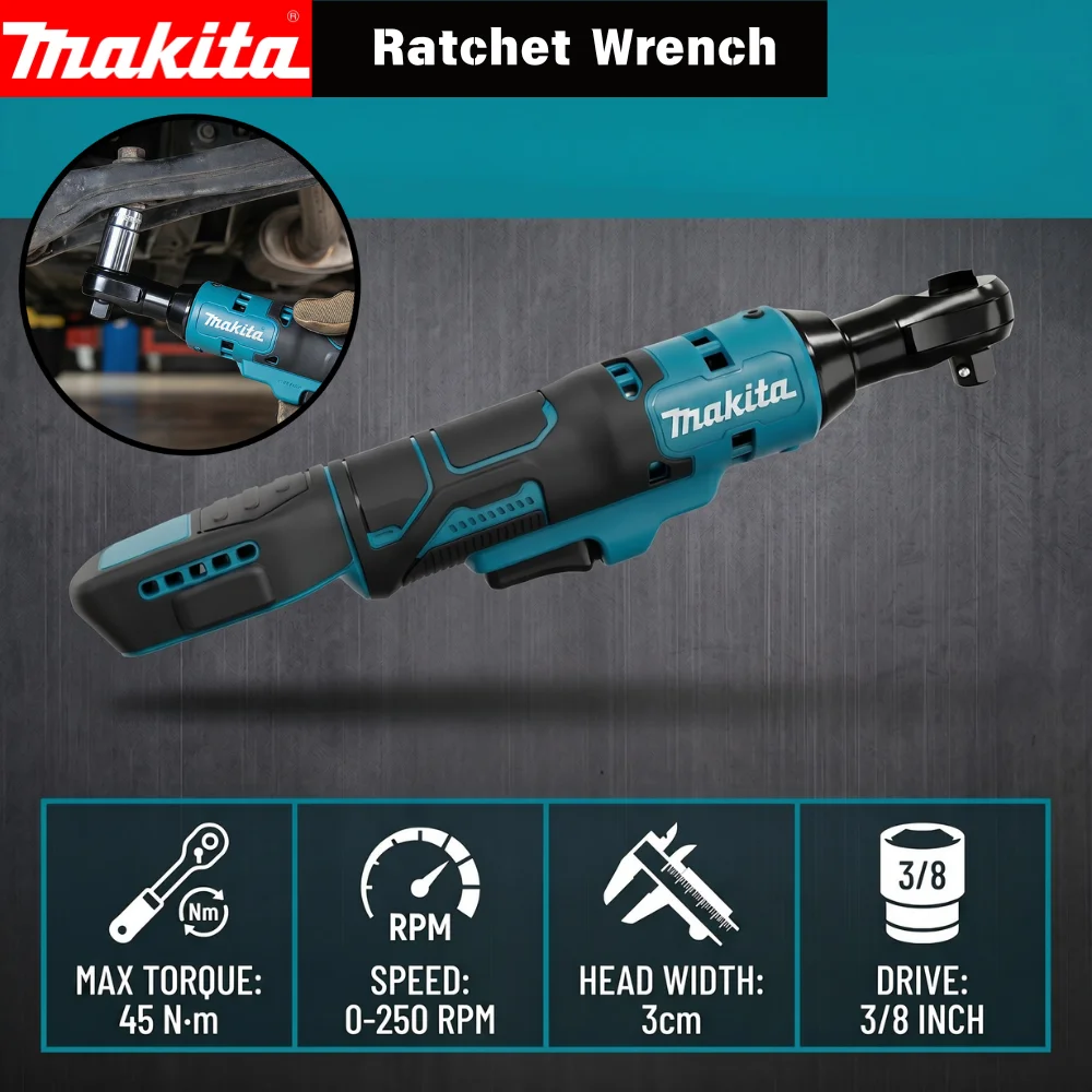 Llave de Trinquete Inalámbrica MAKITA 18V LXT DWR180Z, 47.5 N·m, Accionamiento de 6.35mm, Llave de Angulo Compacta para Auto e Industria