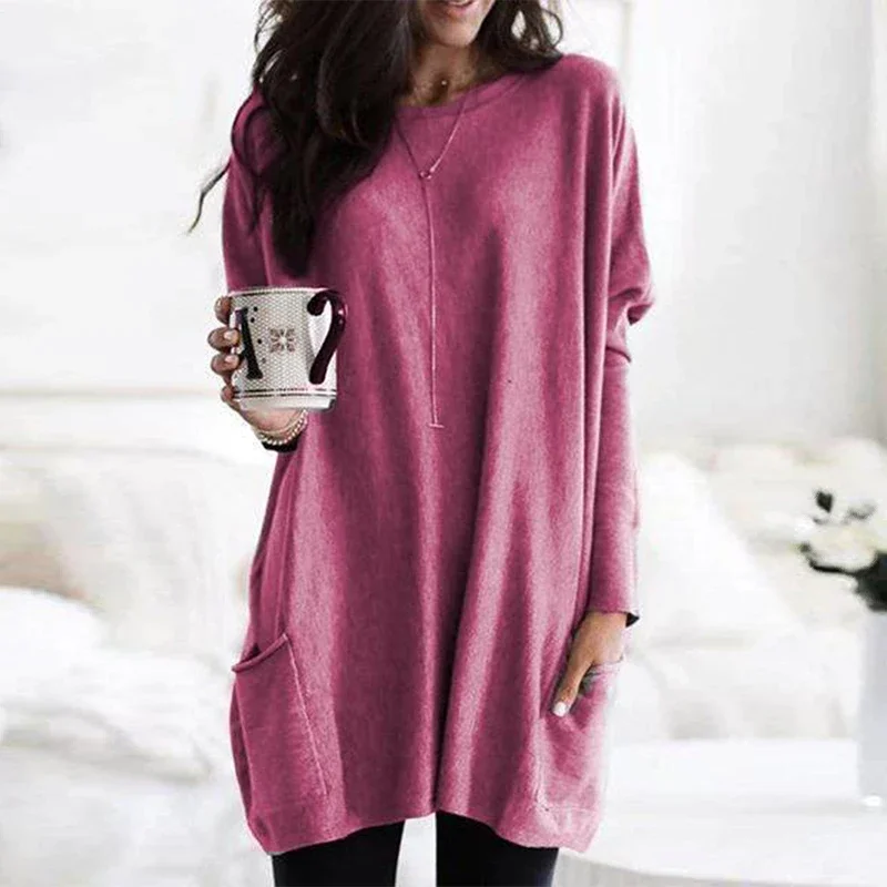 Autumn Winter Oversized Round Neck Loose Casual Pocket T-shirt Ladies Long Sleeve All-match Pullover Top Women Fashion Y2K Tee