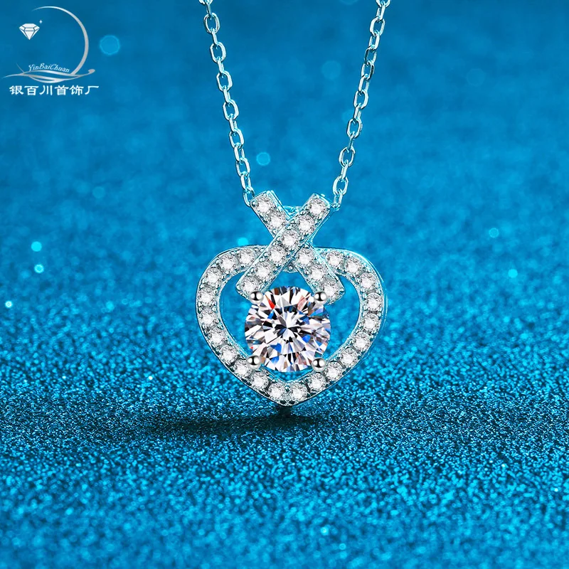 S925 Pure Silver Moissanite Necklace, Women's Love Pendant Plated with Pt950 Gold Lock Bone Chain Jewelry