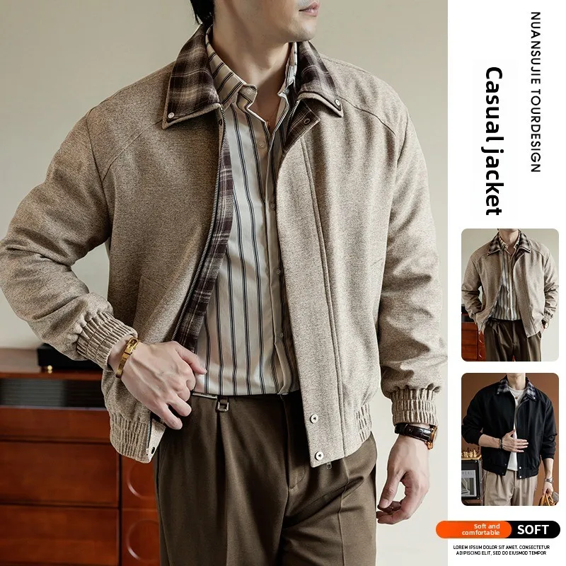 

Men Baseball Jacket Men's Loose Fit Regular Length Collared Coat Fake Two-Piece Outerwear Cross-Border Vintage Plaid Color Block