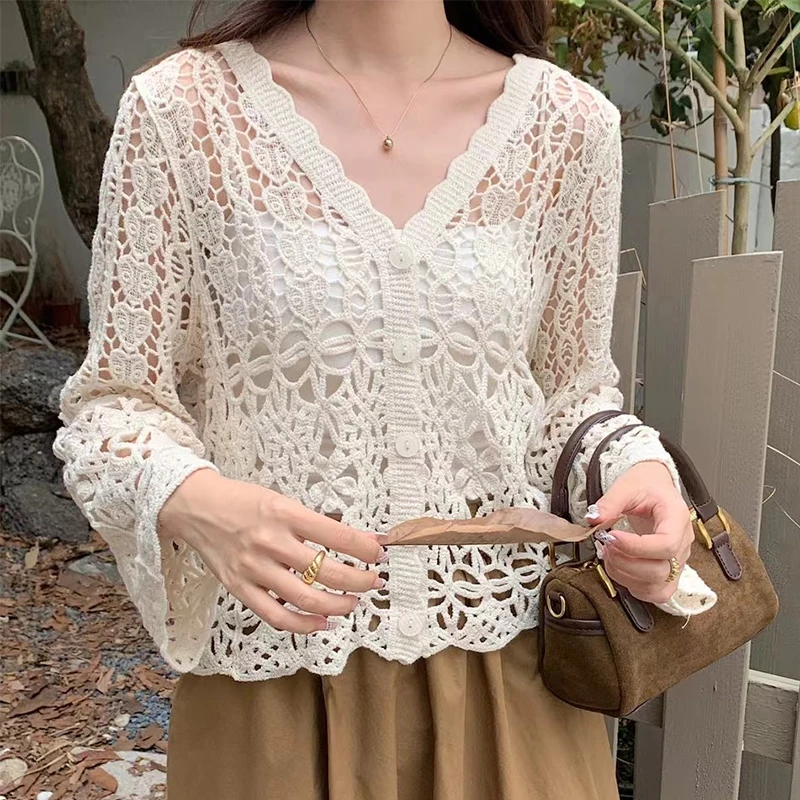 Women Spring Summer 2024 Lace Crochet Shirt Cardigans Long Sleeve Top Cropped Cardigan Knitted Cardigan Crop Top