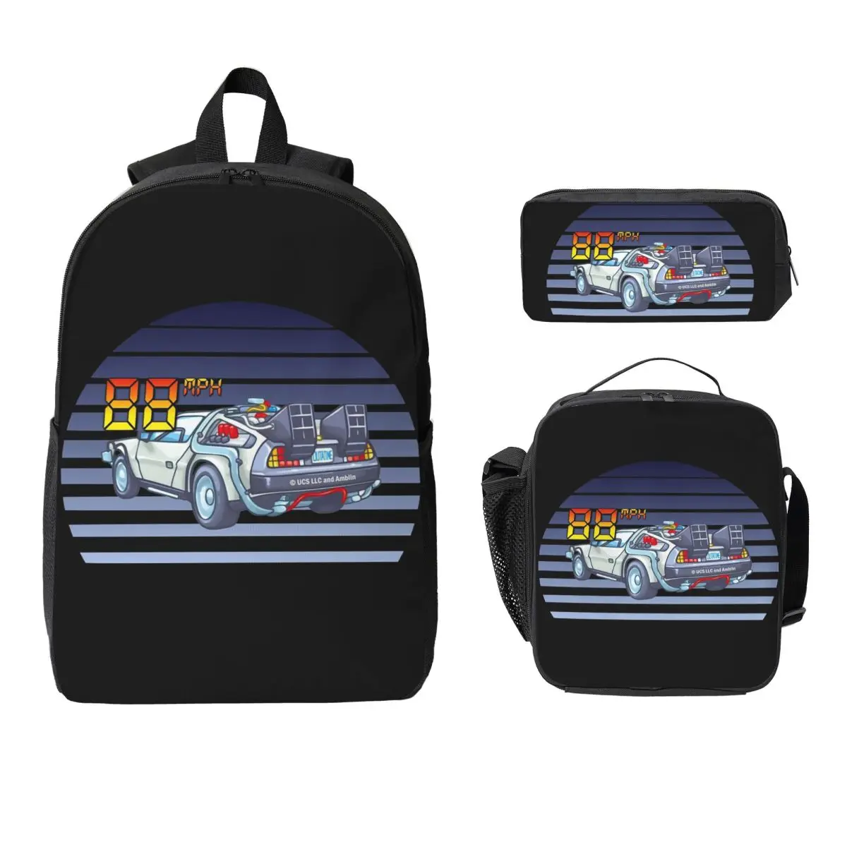 

Рюкзак DeLorean «Назад в будущее», сумка для книг для мальчиков и девочек, школьная сумка, сумки на плечо для ноутбука, 3 шт., изолированная сумка для обеда, пенал