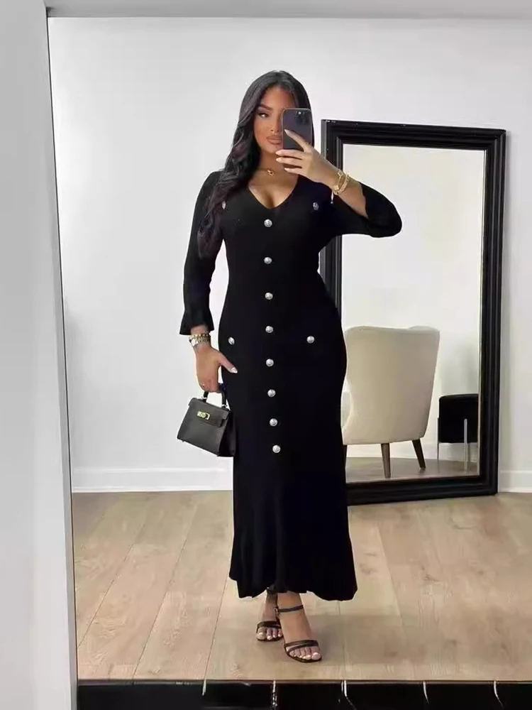 Vintage Flare Sleeve Long Dress Women Autumn Winter V Neck Knitted Bodycon Dresses Streetwear Office Lady Elegant Vestidos