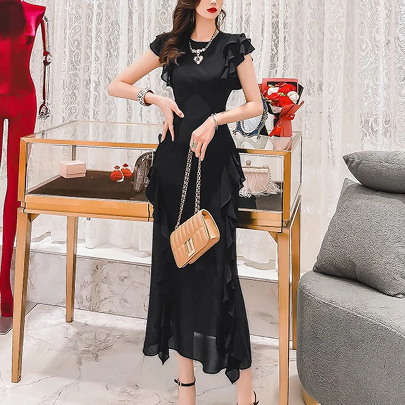 Summer Elegant Fashion Solid Color Ruffles Bodycon Dress Women Short Sleeve Temperament Evening Party Robe Ladies Waist Vestidos