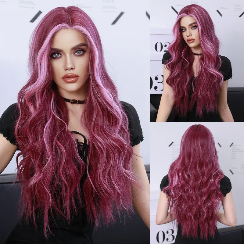 Small Lace with Starry Purple Highlights, Wavy Long Curly Hair, Synthetic Fiber Full Head Wig