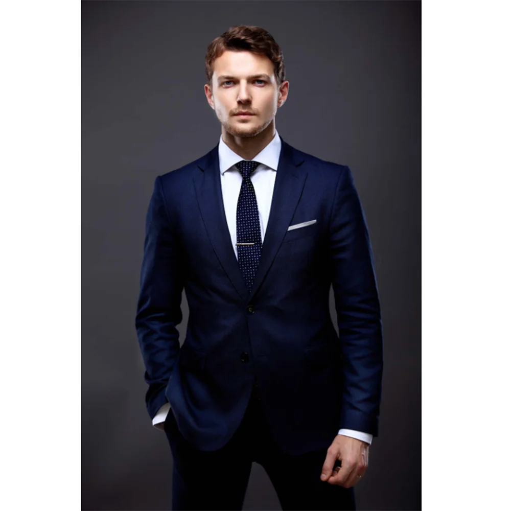 

Slim Fit Navy Blue Suit For Men Single Breasted Peak Lapel 2 Piece Jacket Pants Office Banquet Traje De Hombre Elegante Causal