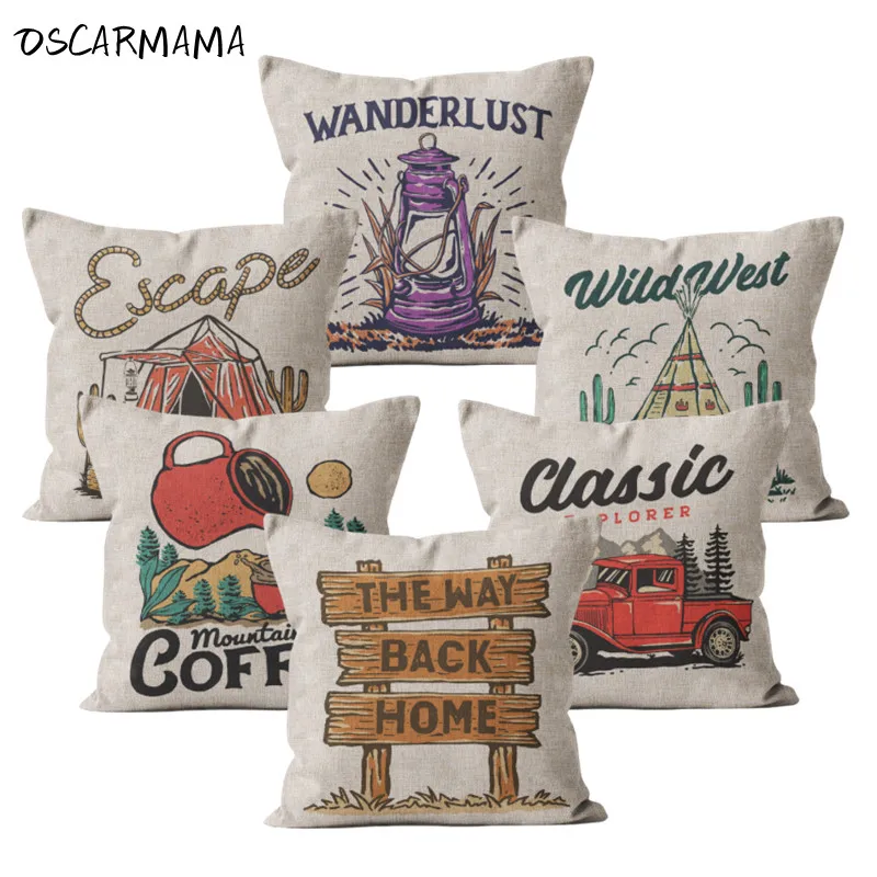 Classic Happy Camper Throw Pillowcase 50x50 Cushion Cover 45*45 Spring Camping Tent Escape Coffee Time Outdoor Farmhouse Decor