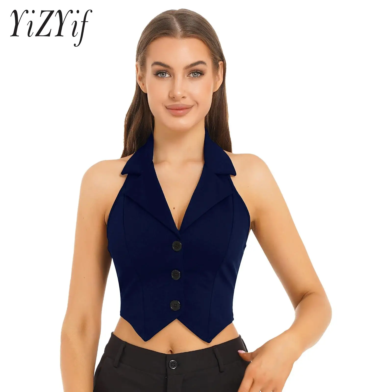 

Womens Fashion Sexy V Neck Solid Color Crop Tops Lapel Halter Backless Button Down Pointed Hem Vest for Going Out Clothing