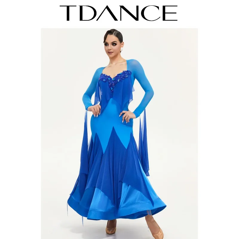Customized TDANCE Balloom Modern Dance Skirt Blue Hand Sewn Stone Performance Dress Elegant National Standard Dance Dress SM11]