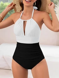 Bañador ahuecado con cuello Halter para mujer, traje de baño de una pieza con volantes, Sexy, Vintage, ropa de playa para mujer, 2024