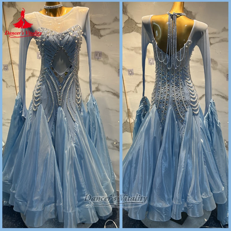Women Light Blue Ballroom Dance Mesh Splicing Wrapped Hips Dresses Customize Adult Waltz Long Sleeves Clothing Dancer's Vitality