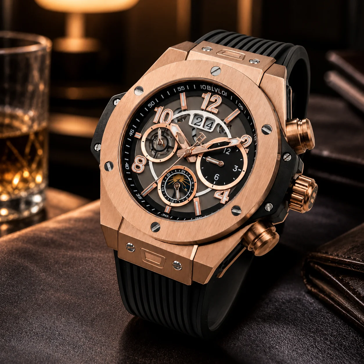 OBLVLO Men's Rose Gold Case Big Multi-layer Dial Mechanical Watch Date Display 24 Hour Luminous Automatic Rubber Band HM-BGT