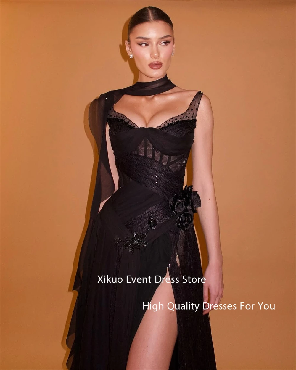 Xikuo elegante vestido de noche de gasa negro cariño cristal sirena vestidos de graduación mujer 3D flor bata cóctel mujer personalizado