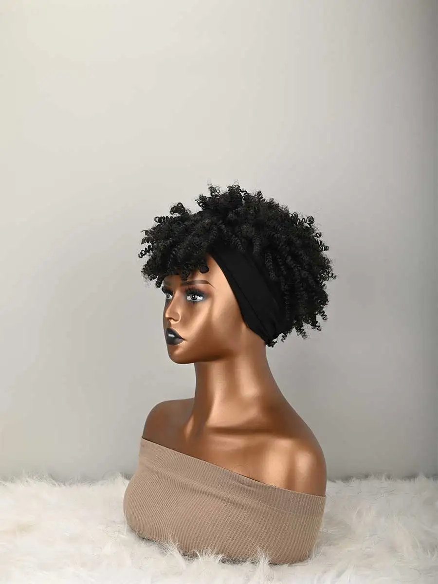Headband Wig Curly Headband Wig With Bangs For Women Synthetic Afro Curly Hair Wig With Headband Attached Short Kinky