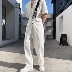 FEWQ 2023 New Japan Korean Style White Overalls Personality Elastic Strap Trend Loose Casual Pants Asymmetrical Design Trousers