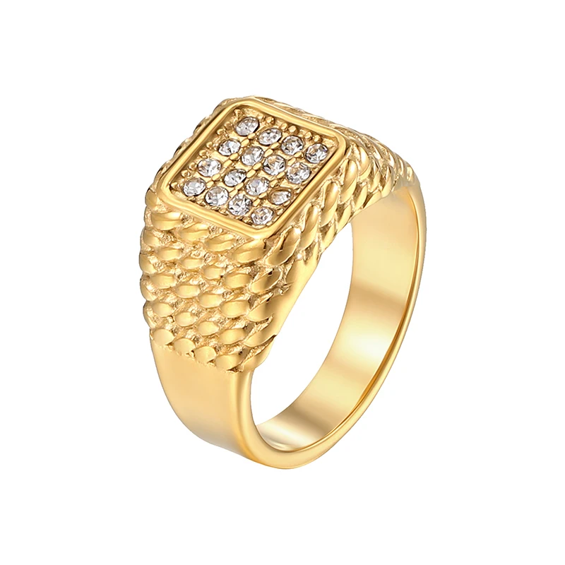 MICCI Non Tarnish Free Stainless Steel Metal Jewelry Wholesale 18K Gold Plated Iced Out Square Signet Rings