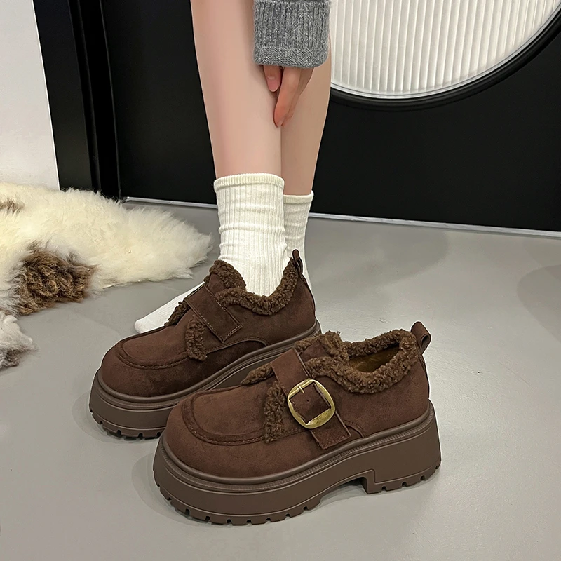 شتاء دافئ النساء أحذية قطنية كعب مكتنز الصوف الأحذية الحديثة موضة في الهواء الطلق السيدات Bootie عدم الانزلاق مشبك حذاء من الجلد غير رسمي #5