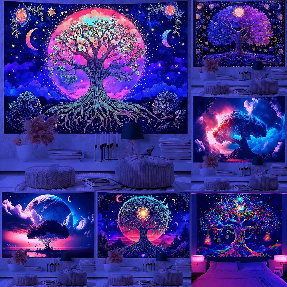 

Glow in the Dark Tapestry Tree of Life Art UV reaction tapestry background decoration wall hanging bedroom party decoration