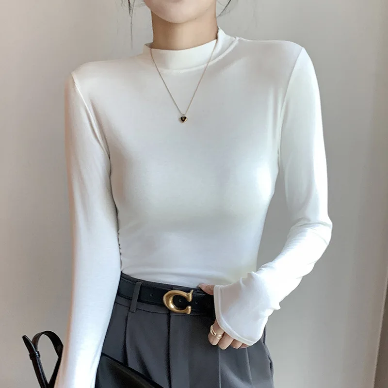 

Women's T-shirt Long Sleeve High Strecth Bottoming Shirt Solid Stand Collar Autumn Winter Undershirt Fashion Korean Innerwear