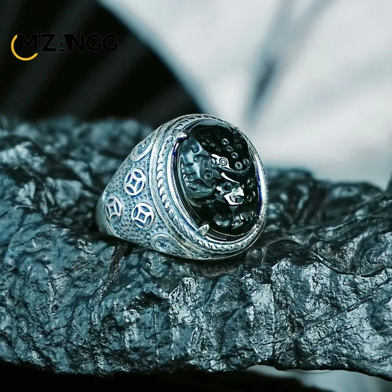 Natural Jadeite Black Jade Divine Dragon Ring Fashionable Hip-Hop Style Ice-Quality Jade Open-Band Design Unisex Premium Gift