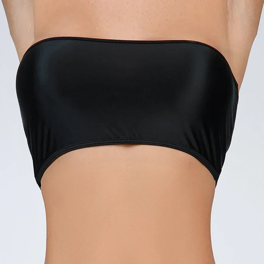 Sexy Women Oil Shiny Tube Top Sheer See Through Strapless Tops 5D Thin Off Shoulder Vest Crop Top Tank Wrapped Chest