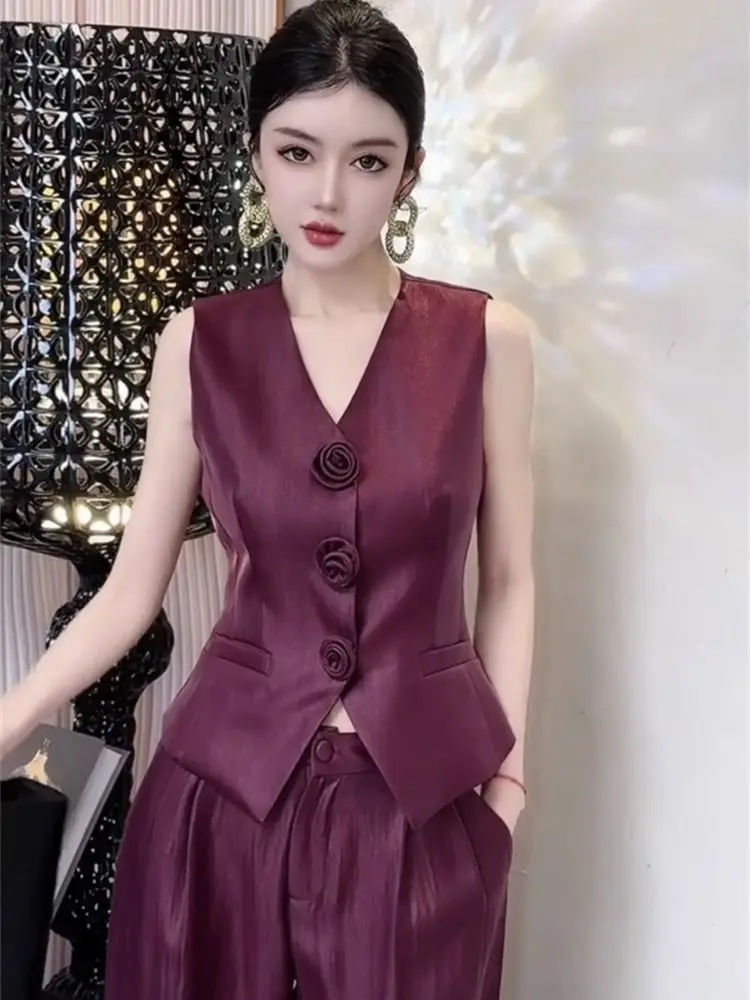 

Insozkdg Summer New Fashion Pants Set High end Elegant V-neck Satin Slim Short Vest+Wide Leg Pants Two Piece Set Women Outfits