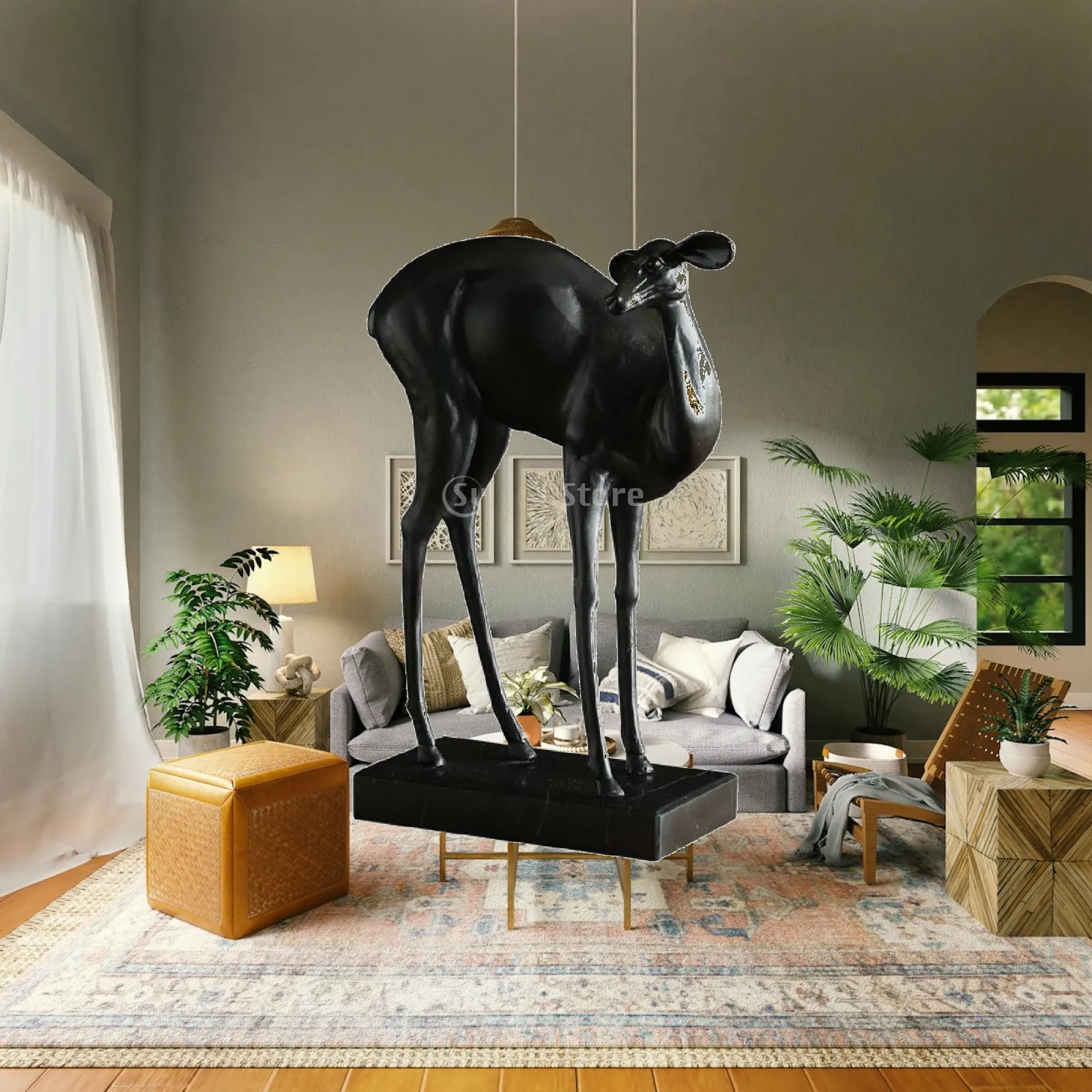Small Bronze Bull Sculpture Iron Deer Ornament with Marble Base for Modern Interior Shelf Accent