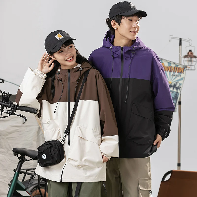 Men's Spring Jacket Casual Patchwork Hooded Zip-up Windbreaker  Outerwear Outdoor Hiking Jacket Male Loose Fashion Streetwear