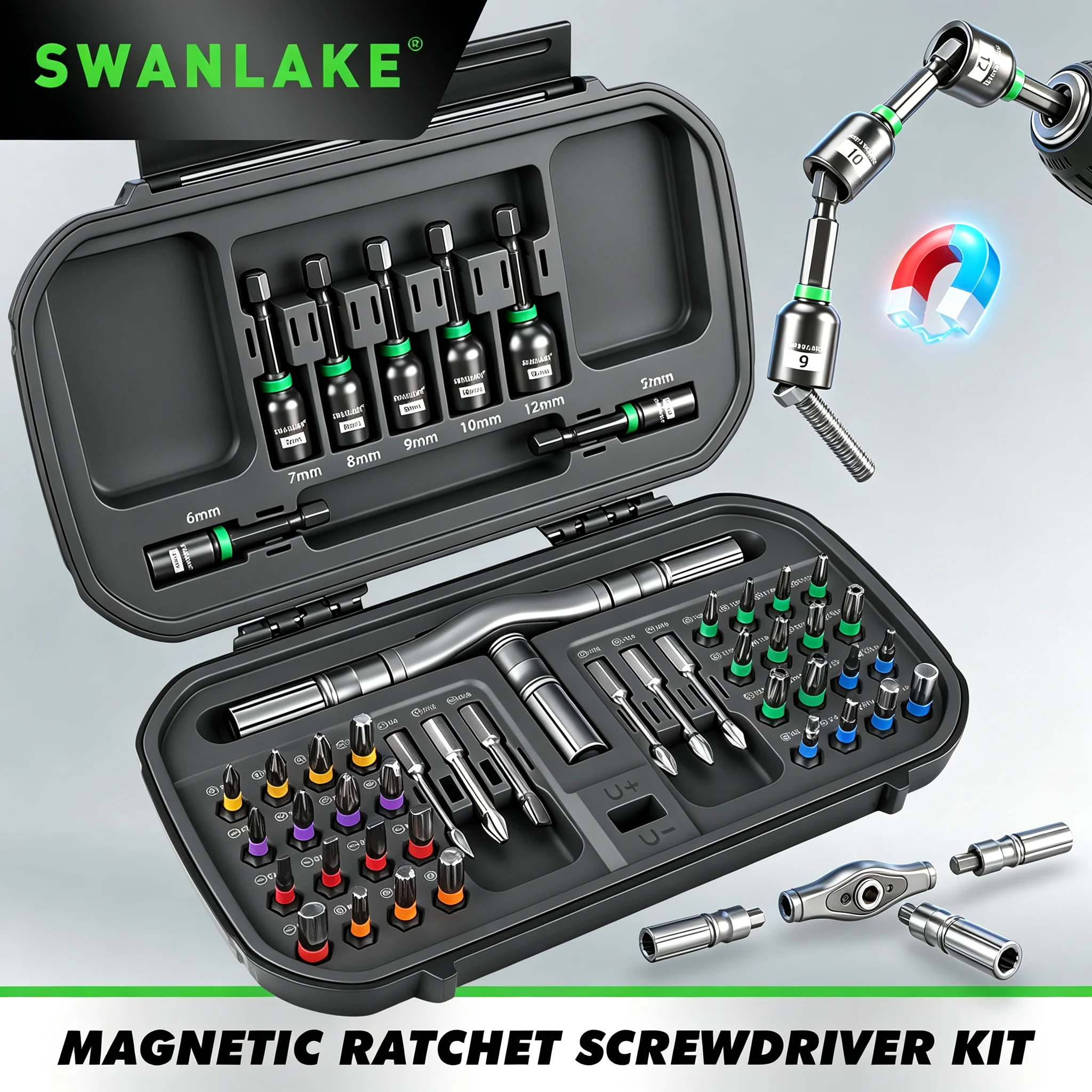 swanlake-46-in-1-マグネティックドライバーセット、高トルクリバーシブルラチェットドライブハンドル、コンパクトで持ち運び可能な修理用ハンドツール