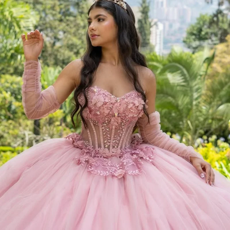 Robes De Quinceanera rose personnalisées, épaules dénudées, dentelle, paillettes appliquées, cristal, à volants, fleur, tulle, 15