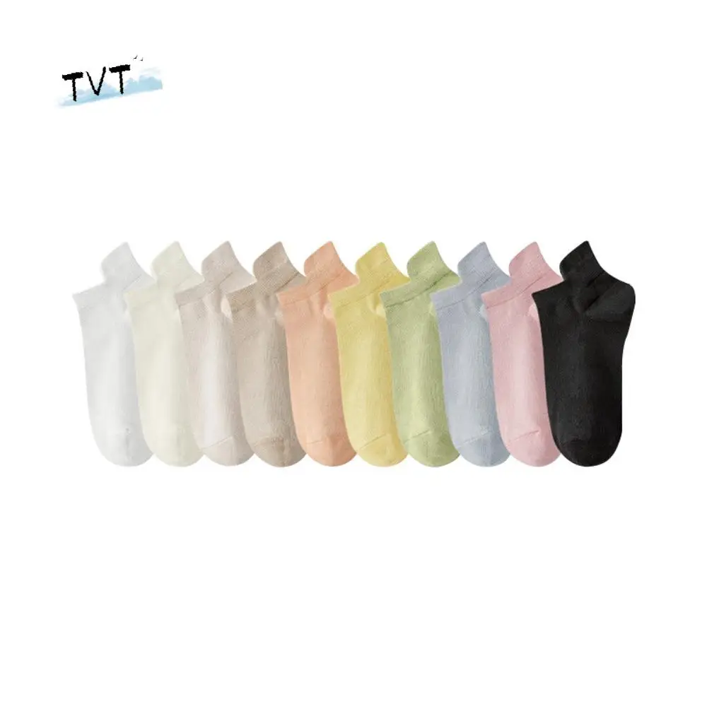 

10 пар повседневных невидимых носков-лодочек ярких цветов в стиле Харадзюку, короткие носки с дышащей сеткой, повседневные носки с подтяжкой ушей в корейском стиле для девочек