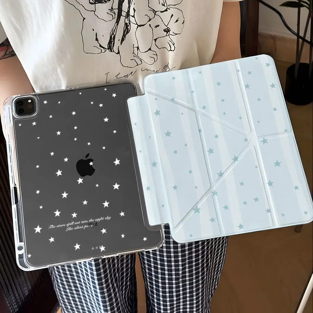 Simple Blue Striped Star iPad Case For iPad Pro 11 13in 2025 iPad Pro 12.9in Air7 10th 11th M4/5 MINI 3y Fold Anti-fall Cover
