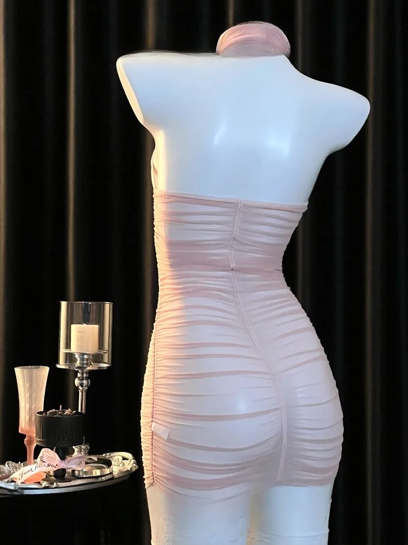 Süßer und reiner durchsichtiger Neckholder-Faltenrock, vollständig transparente Tüll-Dessous für Frauen, romantisches und verführerisches kurzes Kleid