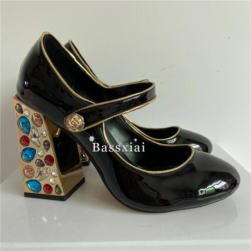 Colorful Diamond Square High Heel Women Pumps Luxury Patent Leather Round Toe Buckle Belt Dress Shoes For Girls