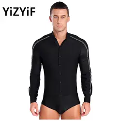 Herren-Trikot für lateinamerikanisches Ballett, Wettbewerbskostüm, Raglanärmel, Stehkragen, Knopfleiste, glitzernde Strasssteine